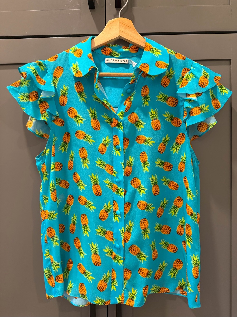 Alice + Olivia 100% Silk Turquoise Pineapple Print Blouse